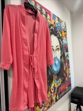 Waffle Kimono Robe — Coral Pink Tie-Waist
